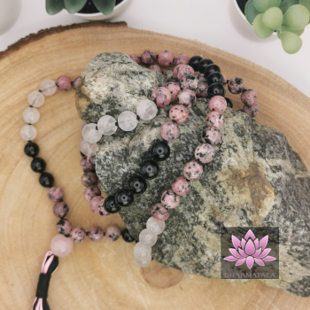 ~ Seelenschützer-Mala ~ (mit Rhodonit, Achat, Bergkristall & Rosenquarz-Guru)